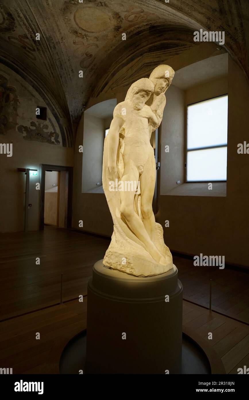 The Rondanini Pietà statue, Michelangelo Buonarroti sculptor, Castello Sforzesco Museum castle, Milan, Lombardy, Italy, Europe Stock Photo