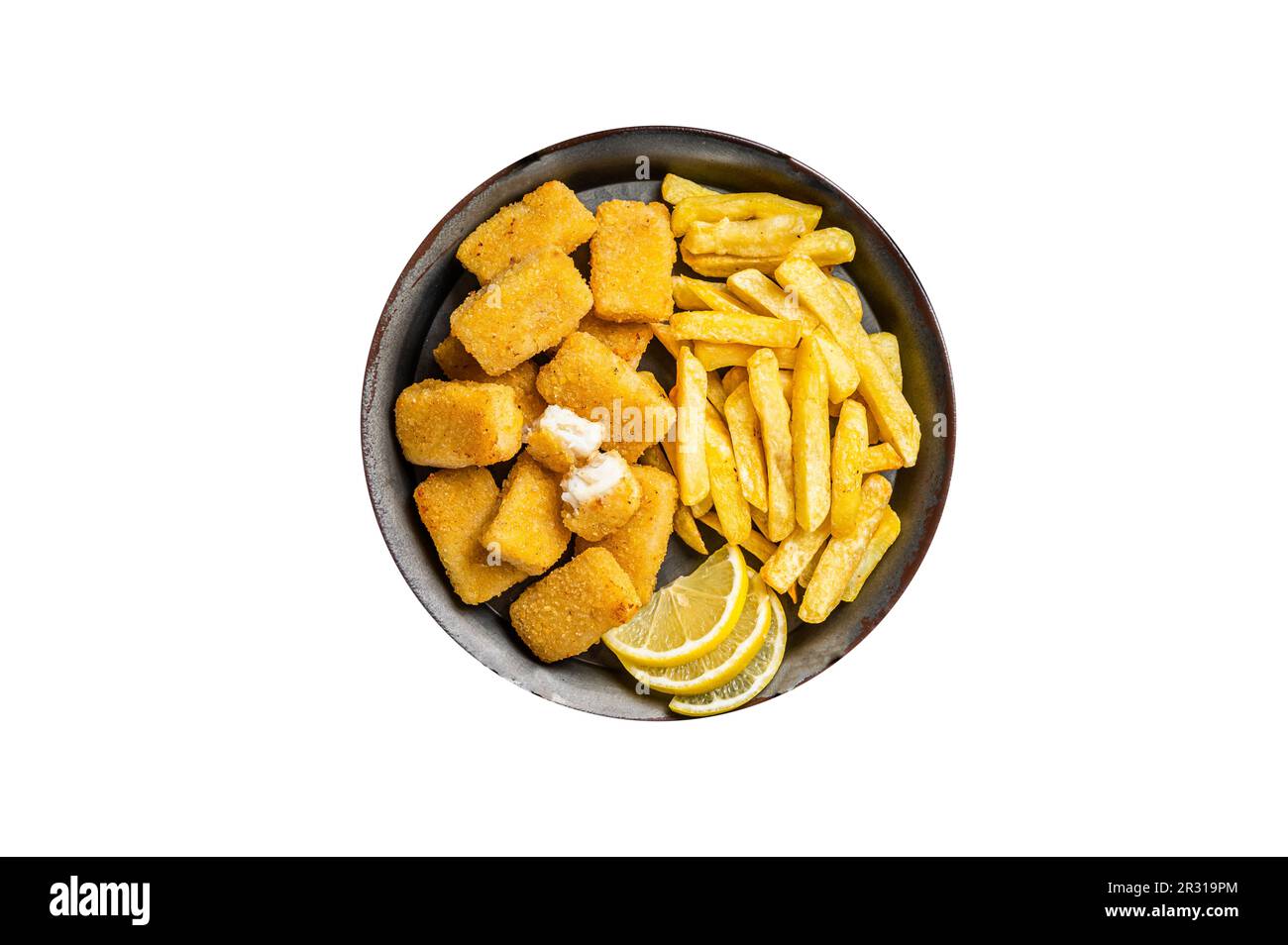 Fish and Chips, Fish Sticks with french fries in a steel tray with