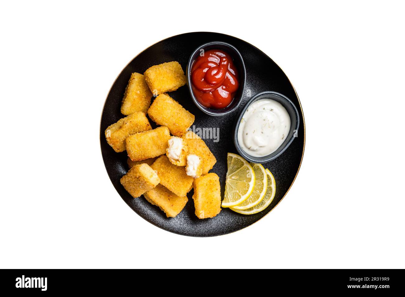 Fried Fish Sticks Fingers with sauce in a plate. Isolated on white