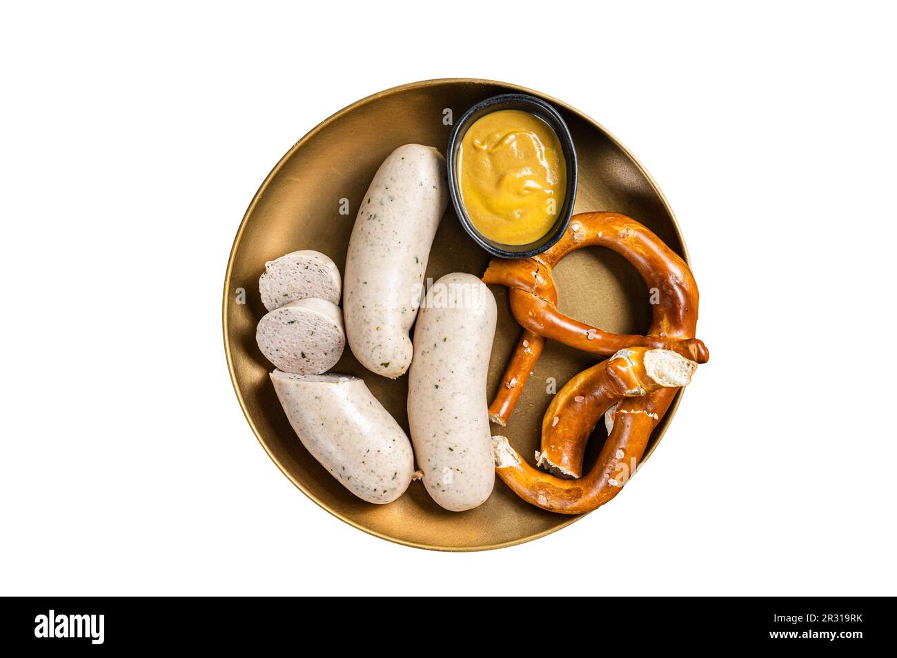 Munich white sausage with pretzel and mustard. Isolated on white background Stock Photo