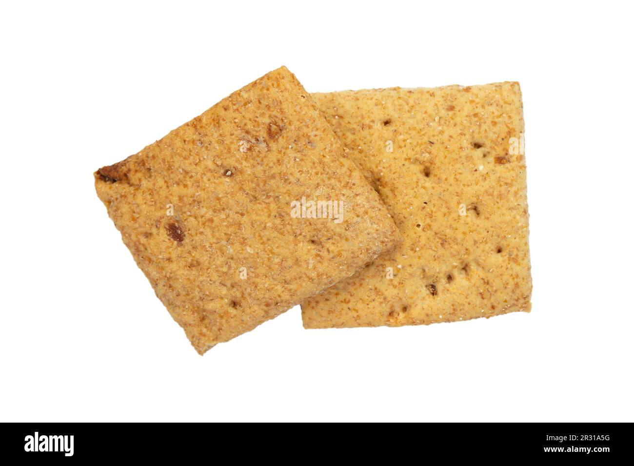 Two square crackers. Carbohydrate snack. Isolated on white background
