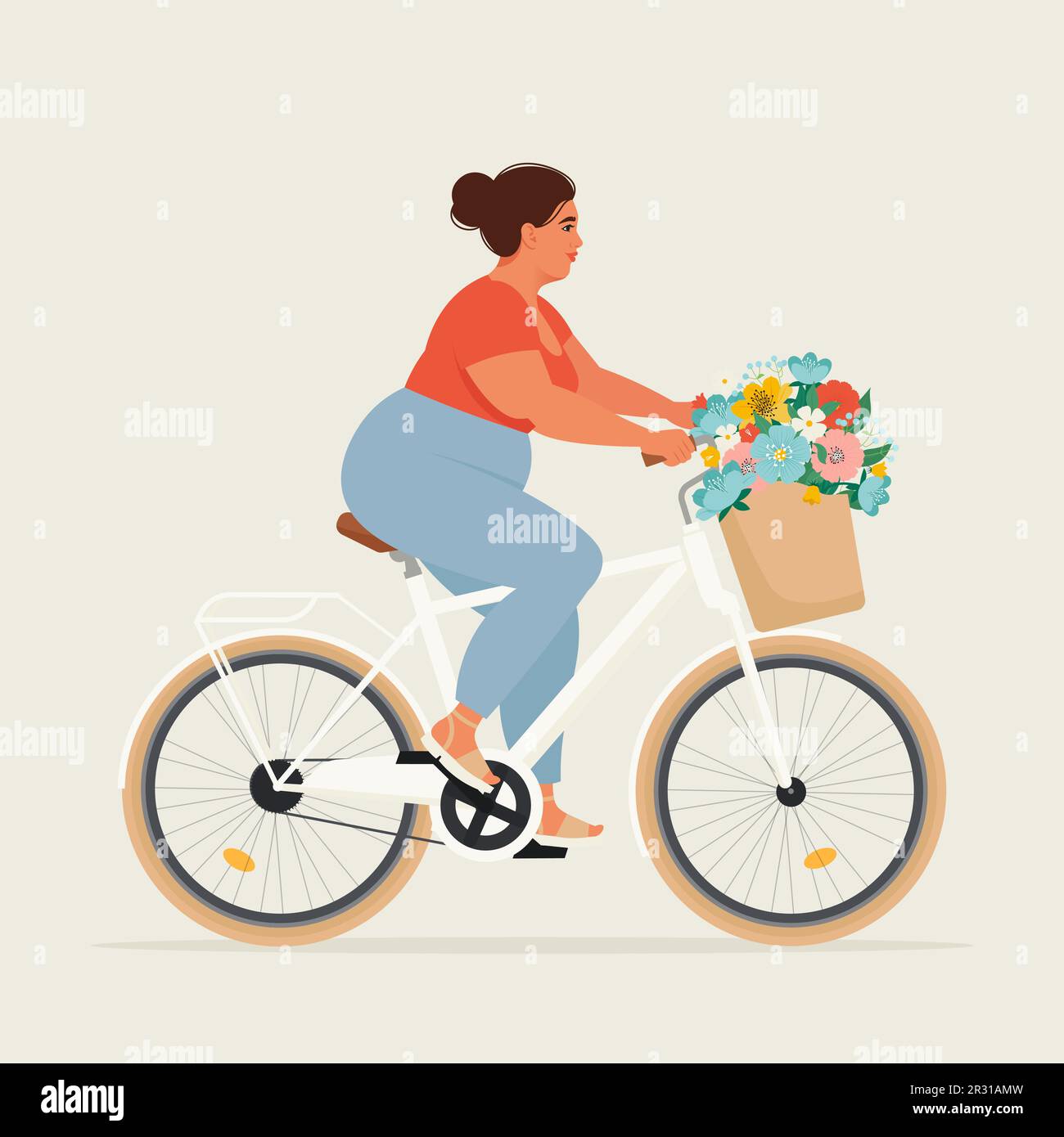 Chubby Attractive Woman riding a bike with flowers in the basket. Vector illustration in flat