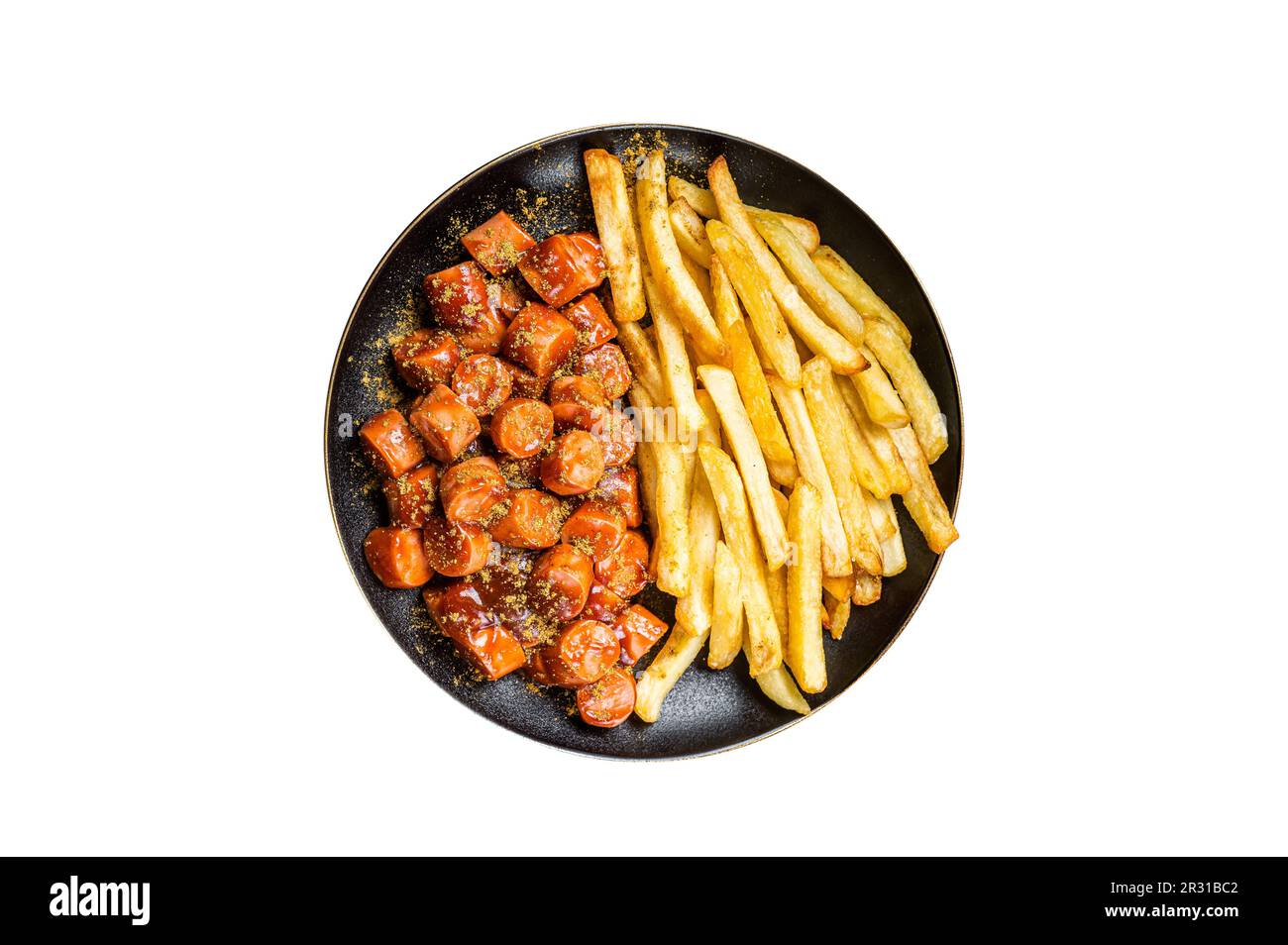 German currywurst meal, curry wurst with french fry served in a plate. Isolated on white background Stock Photo