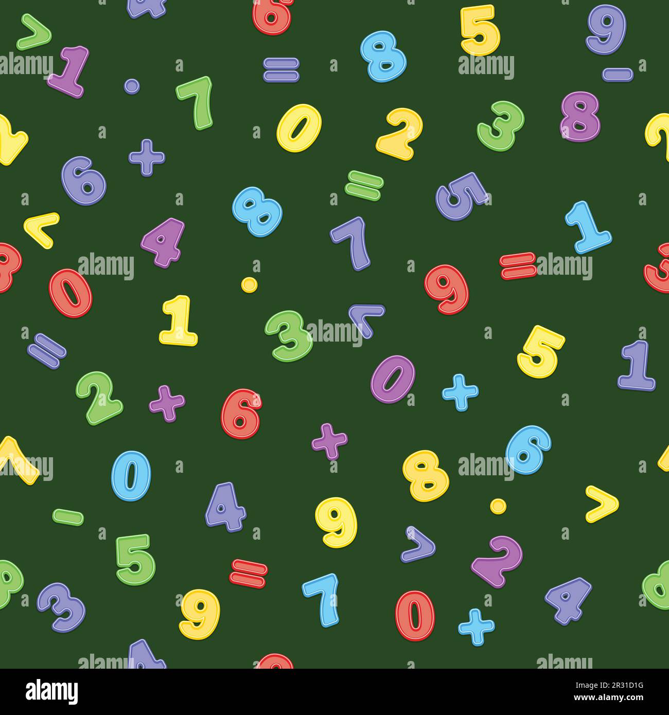 Seamless pattern multicolored numbers and arithmetic signs on a dark green background Stock Vector