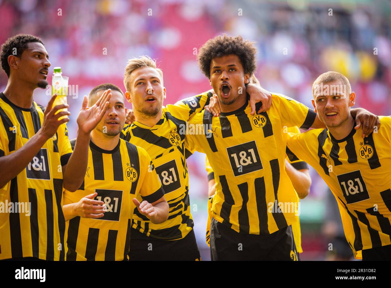 Augsburg, Germany. 21th Mai, 2023. Sebastien Haller (BVB), Raphael Guerreiro (BVB), Felix Passlack (BVB), Karim Adeyemi (BVB), Julian Ryerson (BVB) FC Stock Photo