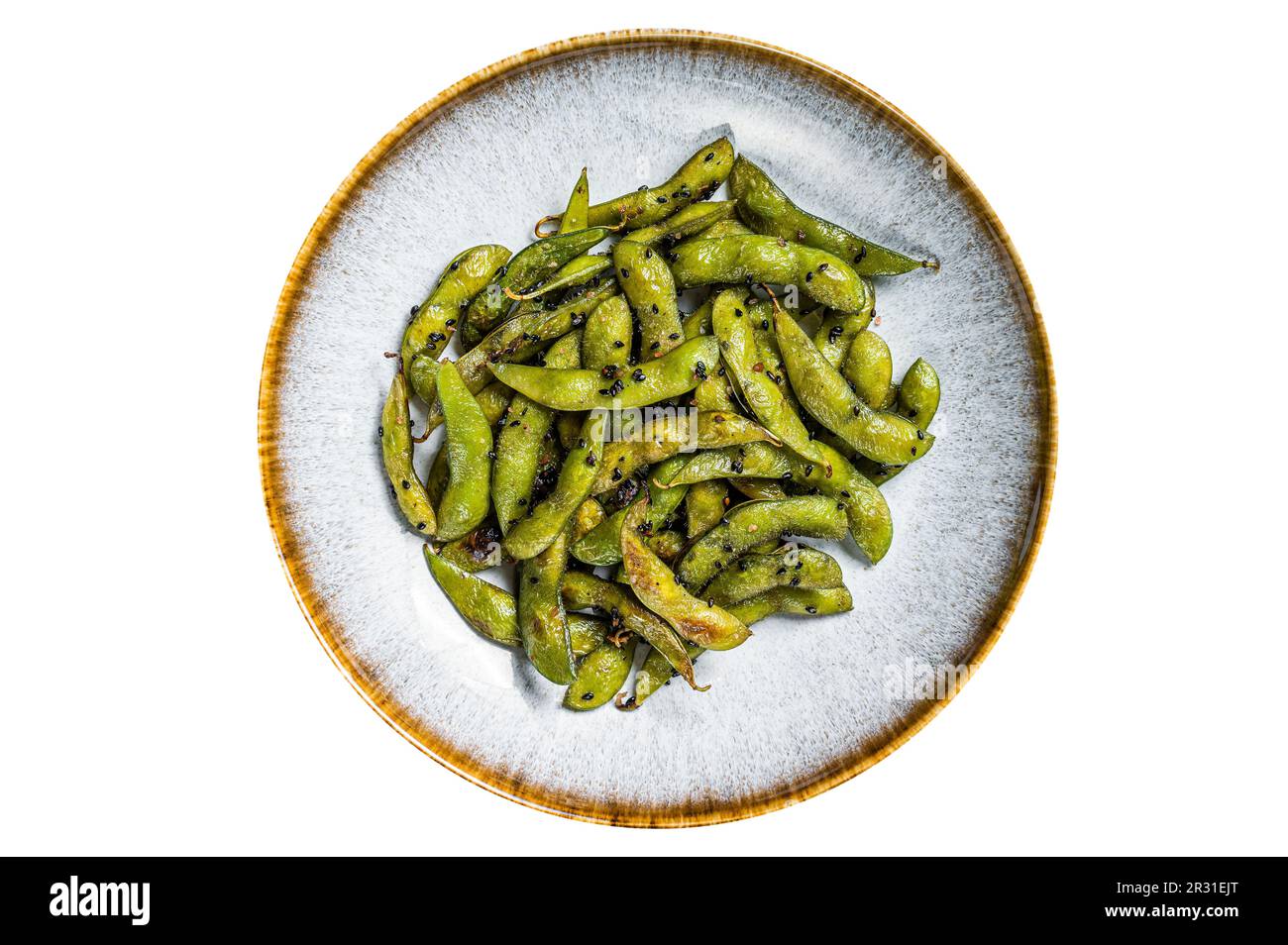 Spicy grilled Edamame Soy Beans with sea salt in a plate. Isolated on