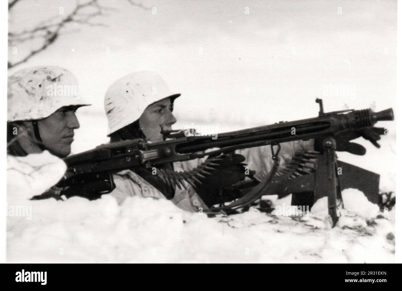 World War Two B&W photo German Waffen SS Soldiers with an MG42 near Charkov 1943 Stock Photo