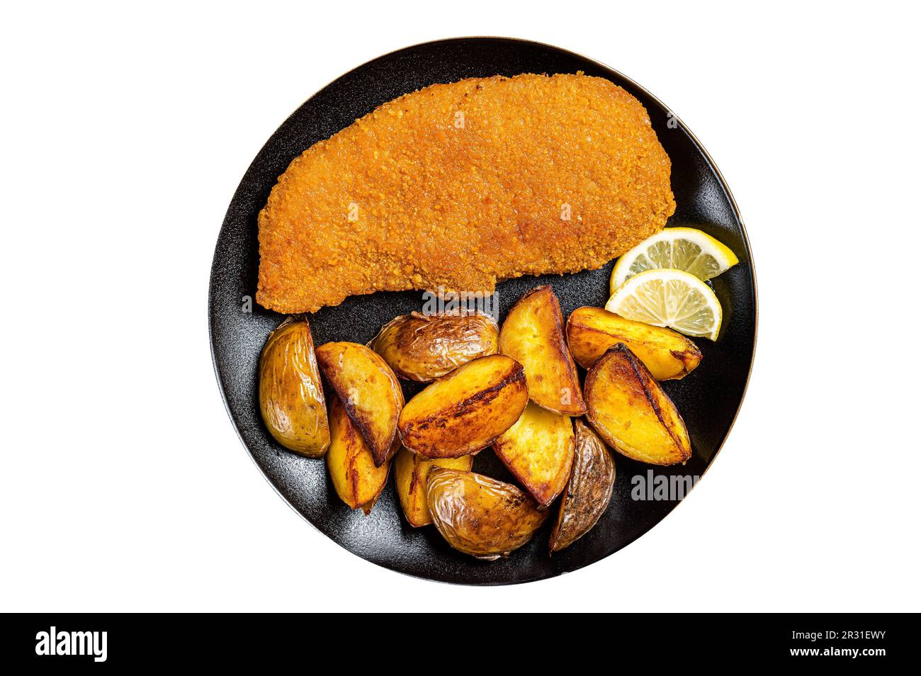 Roast pork schnitzel with fried potato, cooked meat steak. Isolated on