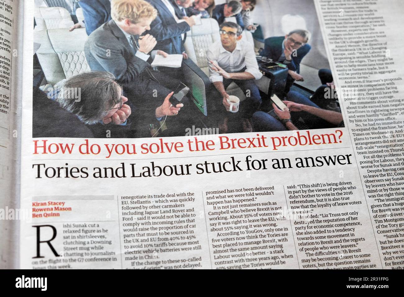 ''How do you solve the Brexit problem? Tories and Labour stuck for an answer' Guardian newspaper headline 20 May 2023 London UK Stock Photo