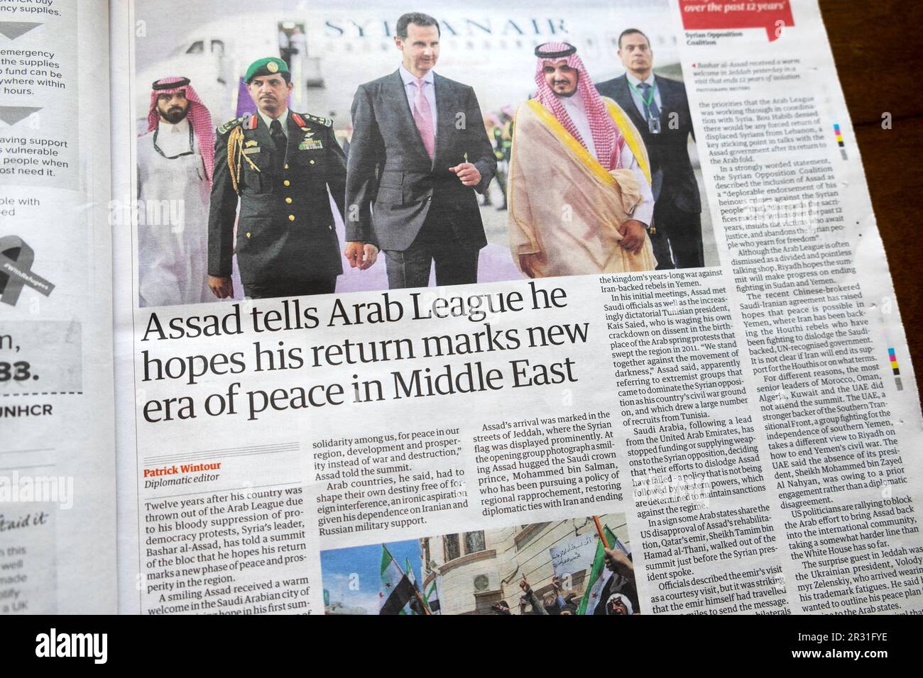 Bashar al 'Assad tells Arab League he hopes his return marks new era of peace in Middle East' Guardian newspaper headline 21 May 2023 London UK Stock Photo