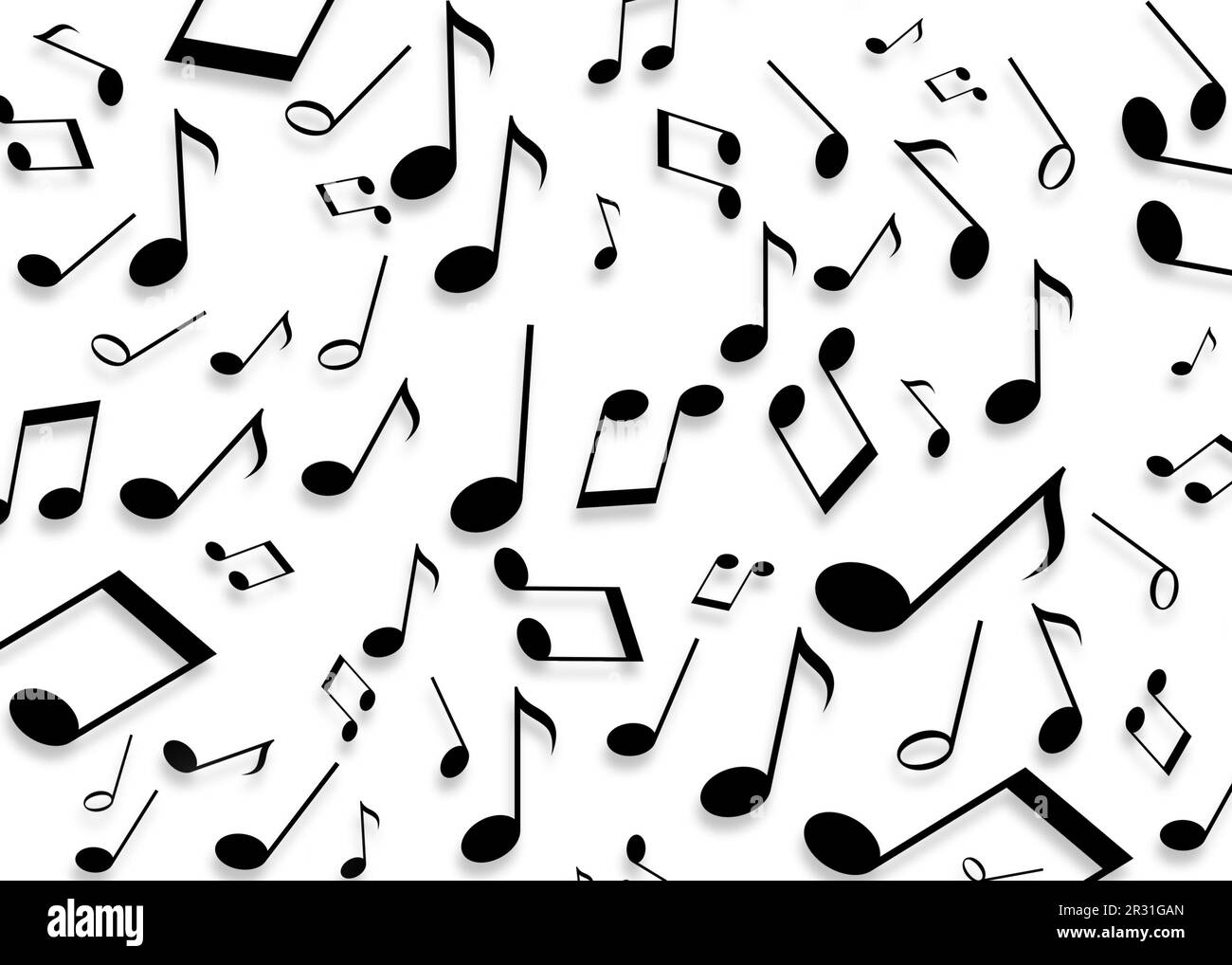 Many music notes flying on white background Stock Photo - Alamy
