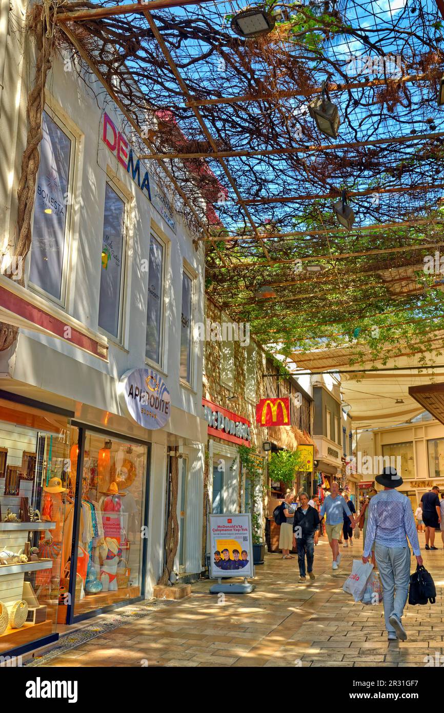 Town centre shops of Bodrum town in Mugla Province, southern Turkey. Stock Photo