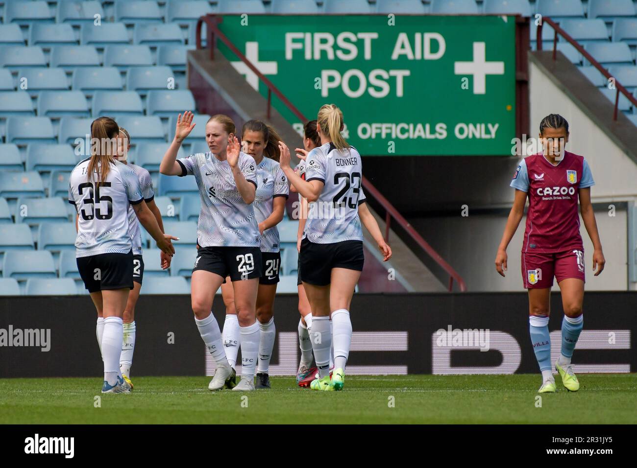 Birmingham, England. 21 May 2023. Liverpool players celebrate their side's equalising goal to make the score 1-1 during the Barclays Women's Super League game between Aston Villa and Liverpool at Villa Park in Birmingham, England, UK on 21 May 2023. Credit: Duncan Thomas/Majestic Media/Alamy Live News. Stock Photo