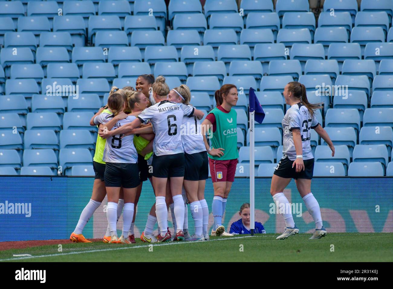 Birmingham, England. 21 May 2023. Liverpool players celebrate their side's second goal during the Barclays Women's Super League game between Aston Villa and Liverpool at Villa Park in Birmingham, England, UK on 21 May 2023. Credit: Duncan Thomas/Majestic Media/Alamy Live News. Stock Photo