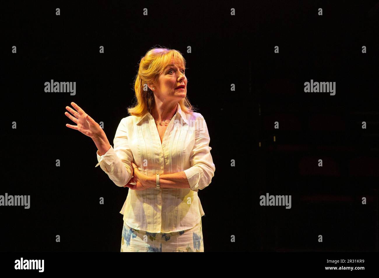 Caroline Langrishe (Lady Vivica Meizner) in WELCOME TO THE FAMILY by Alan Ayckbourn at the Old Laundry Theatre, Bowness-on-Windermere, Cumbria, England  16/05/2023  set design: Roger Glossop  costumes: Rebecca Cartwright  lighting: Jason Taylor  director: Alan Ayckbourn Stock Photo