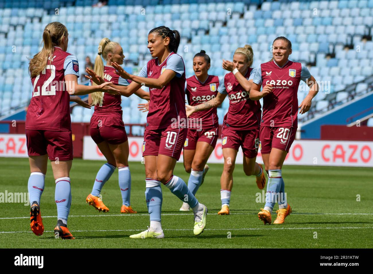Birmingham, England. 21 May 2023. Aston Villa players celebrate their side's equalising goal to make the score 2-2 during the Barclays Women's Super League game between Aston Villa and Liverpool at Villa Park in Birmingham, England, UK on 21 May 2023. Credit: Duncan Thomas/Majestic Media/Alamy Live News. Stock Photo