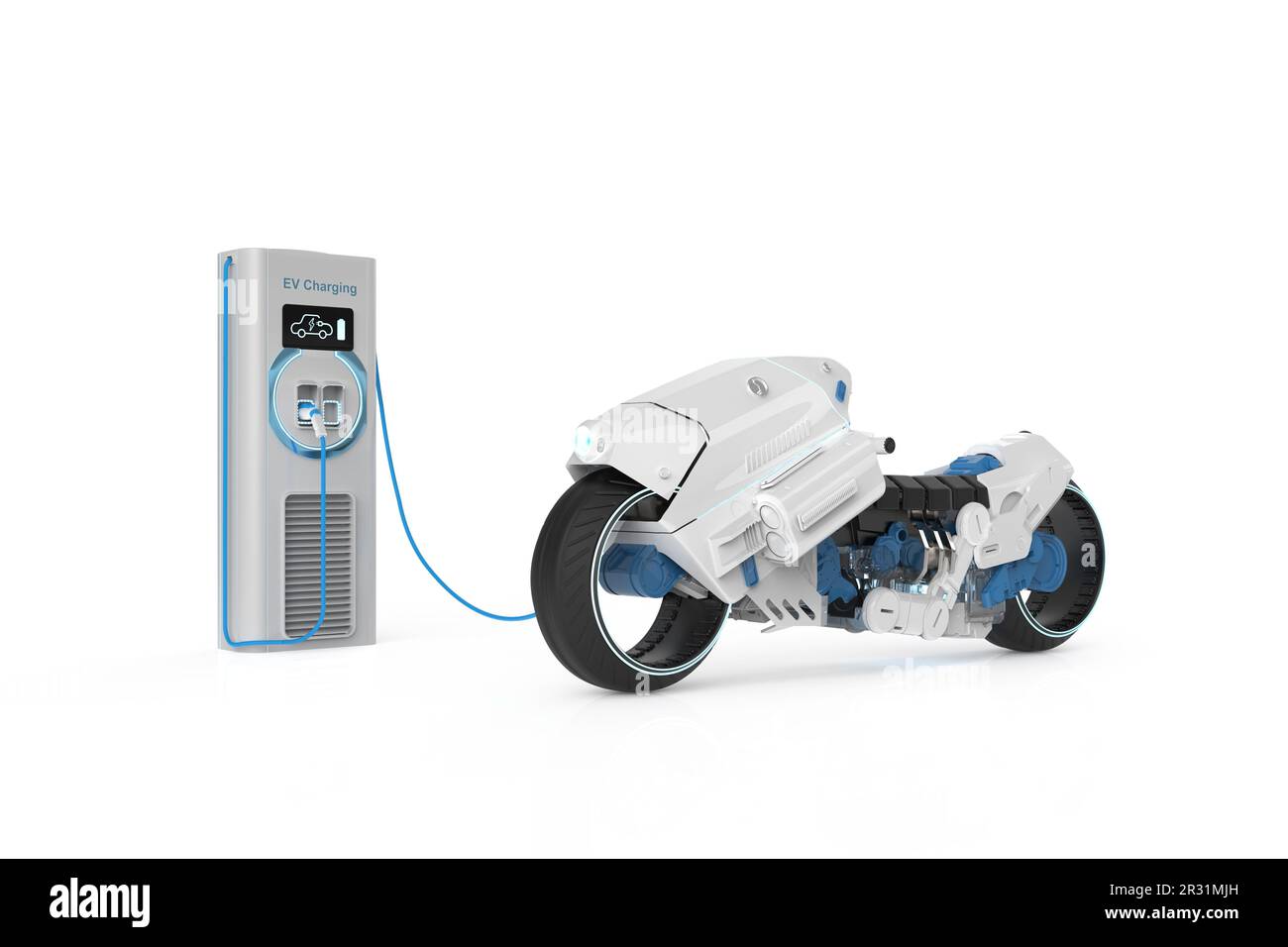 3d rendering white ev motorbike or electric bike plug in with