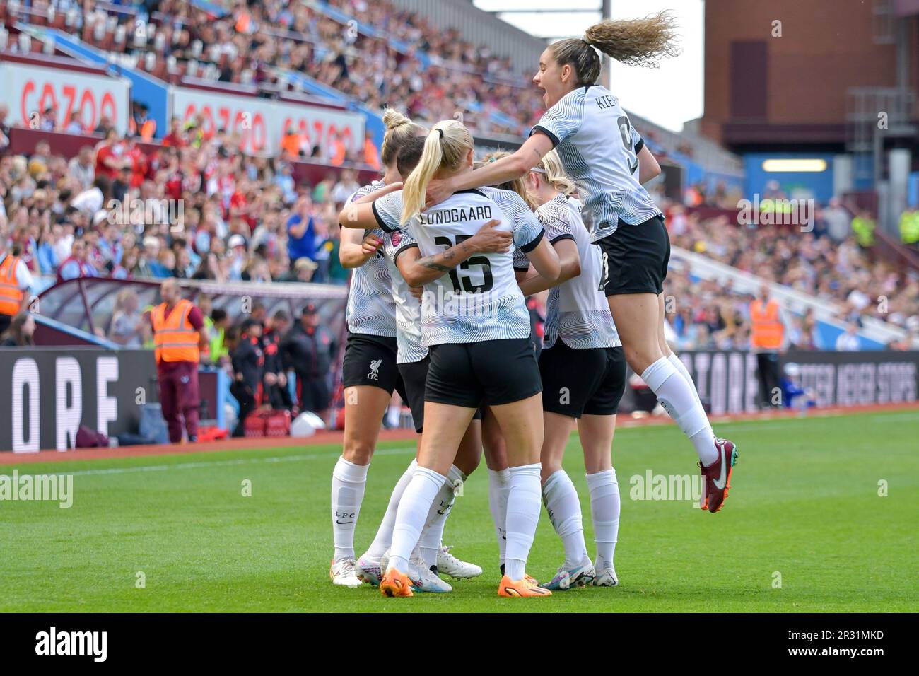 Birmingham, England. 21 May 2023. Liverpool players celebrate their side's third goal during the Barclays Women's Super League game between Aston Villa and Liverpool at Villa Park in Birmingham, England, UK on 21 May 2023. Credit: Duncan Thomas/Majestic Media/Alamy Live News. Stock Photo