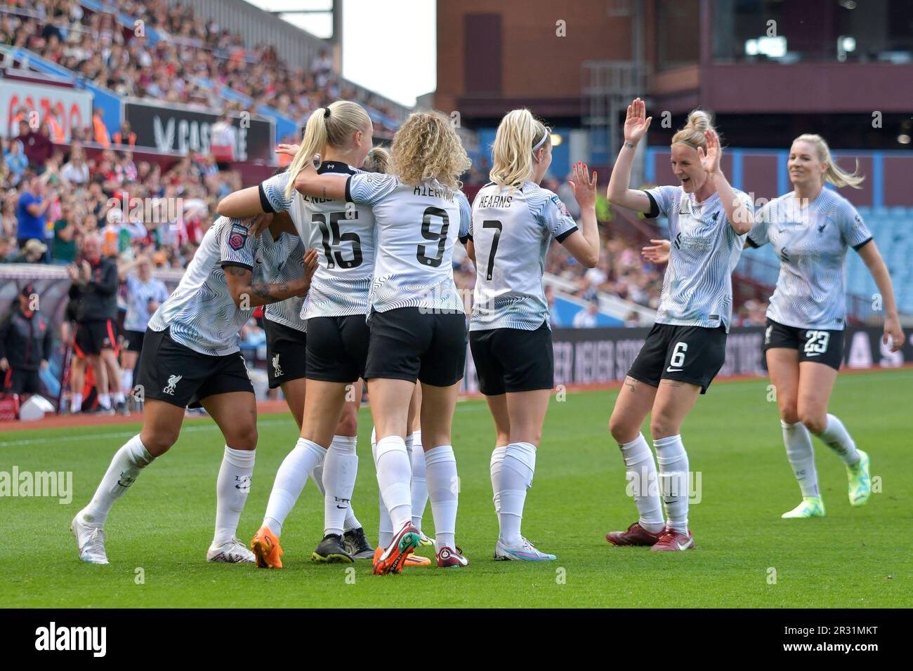 Birmingham, England. 21 May 2023. Liverpool players celebrate their side's third goal during the Barclays Women's Super League game between Aston Villa and Liverpool at Villa Park in Birmingham, England, UK on 21 May 2023. Credit: Duncan Thomas/Majestic Media/Alamy Live News. Stock Photo