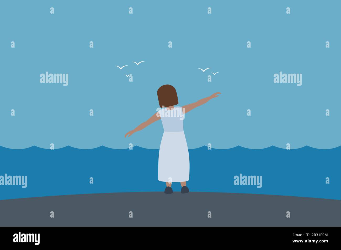 little girl dream about flying with birds in the sky Stock Vector Image ...