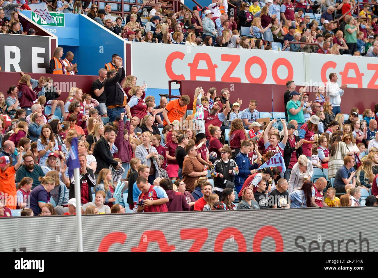 Birmingham, England. 21 May 2023. Aston Villa fans celebrate their sides third goal during the Barclays Women's Super League game between Aston Villa and Liverpool at Villa Park in Birmingham, England, UK on 21 May 2023. Credit: Duncan Thomas/Majestic Media/Alamy Live News. Stock Photo