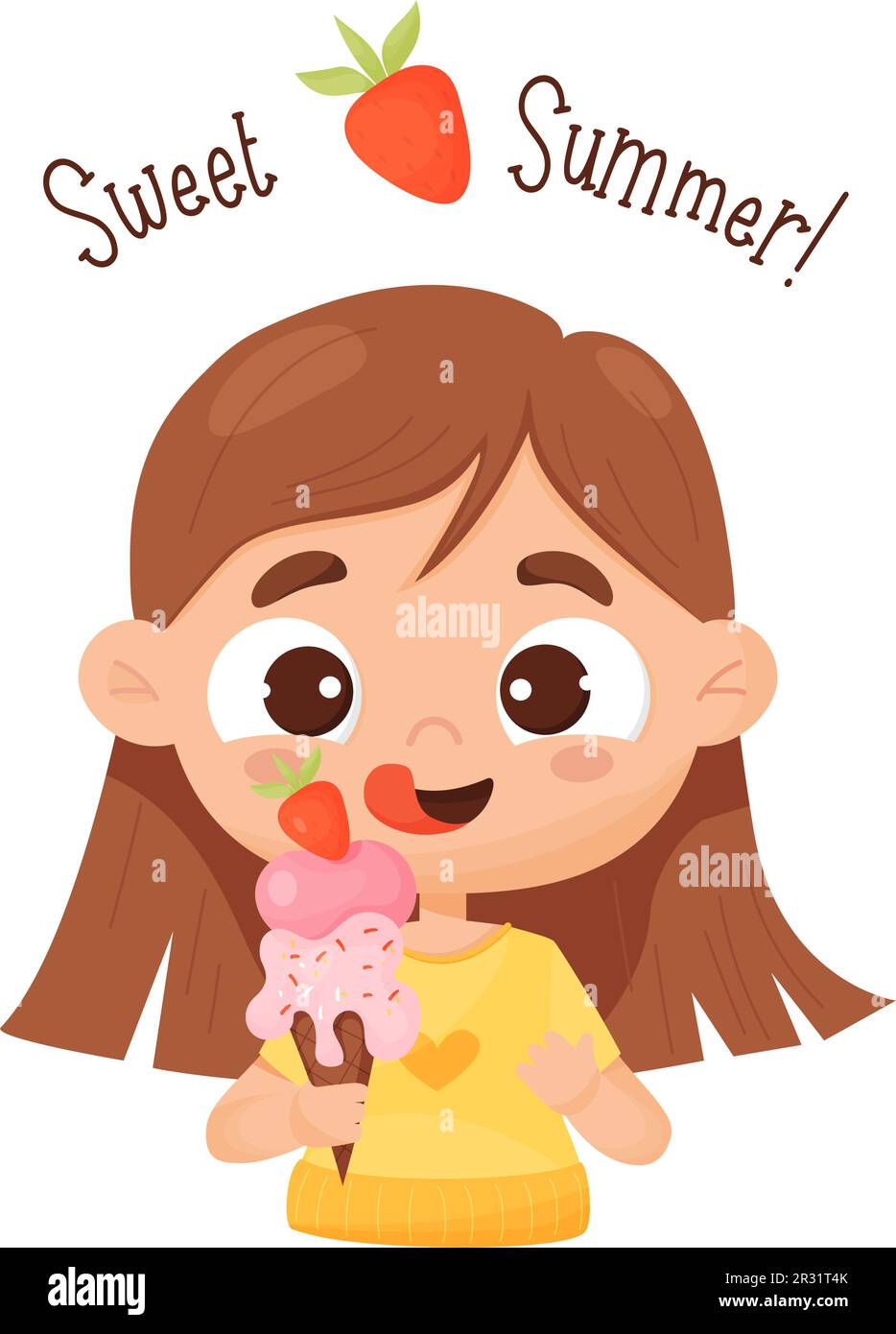 Happy girl with ice cream. Cute baby character licks his lips. Vector