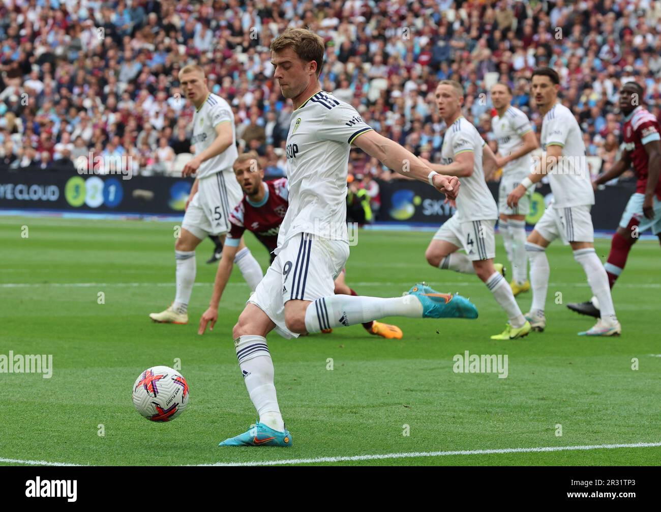 Patrick Bamford of Leeds United in action during English Premier League soccer match between West Ham United against Leeds United at London stadium, L Stock Photo