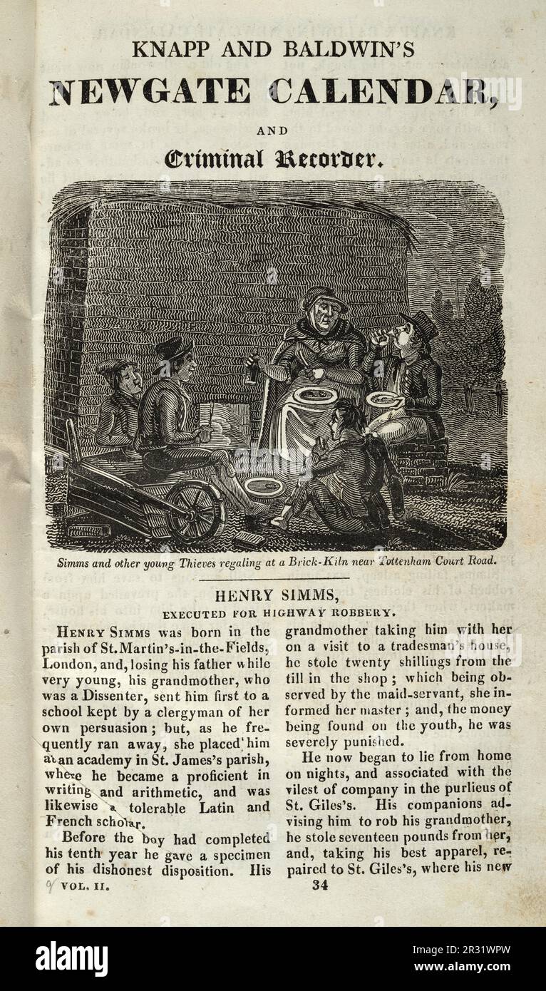 Page from the Newgate calendar, History of Crime, Henry Simms executed for Highway Robbery 1747, Vintage illustration, Simms and other young thieves regaling at a brick kiln near Tottenham Court Road, London 18th Century Stock Photo