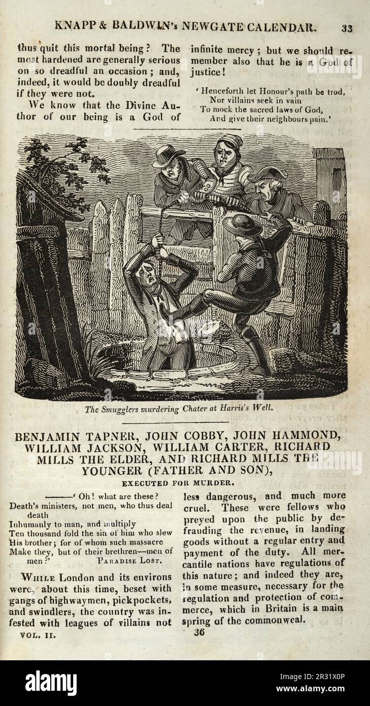 Page from the Newgate calendar, Smugglers murdering Chater the Customs House Officer, at Harris's Well 1748, History of Crime, Vintage illustration, Benjamin Tapner, John Cobby, John Hammond, Richard Mills, Richard Mills, William Jackson, William Carter Stock Photo
