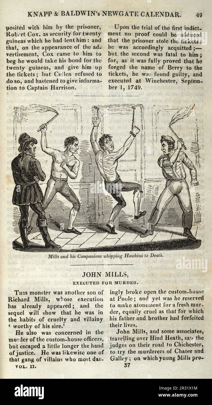 Page from the Newgate calendar, History of Crime, John Mills executed for murder, whipping Hawkins to Death, 18th Century, Vintage illustration Stock Photo