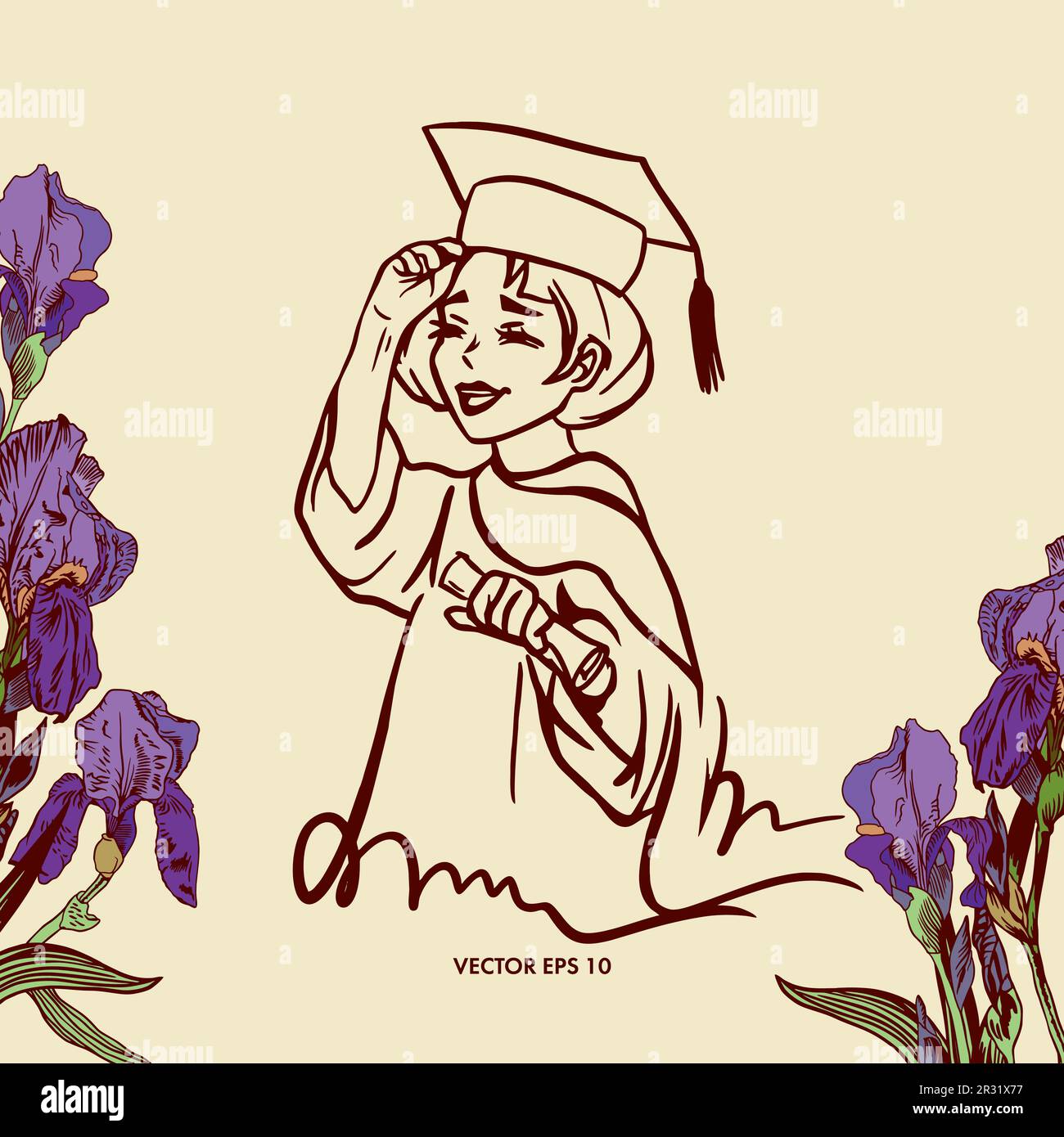 Vector illustration of a university graduate, girls. A postcard decorated with irises for the graduation ceremony. It can be used as a banner, flyer. Stock Vector