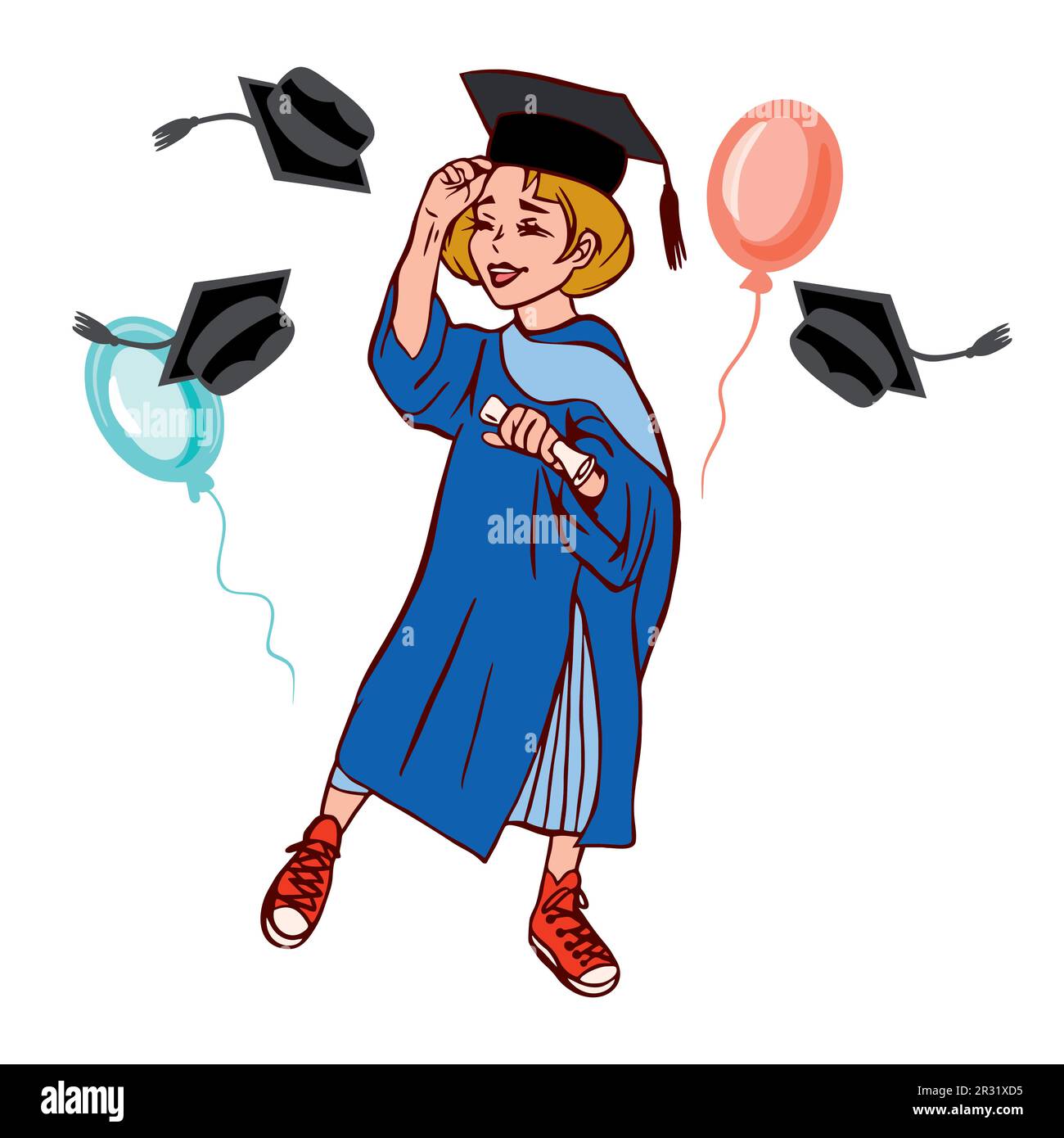 Vector illustration of a university graduate, girls. A postcard with flying caps and balloons. For a graduation ceremony, banners, flyers, invitations Stock Vector