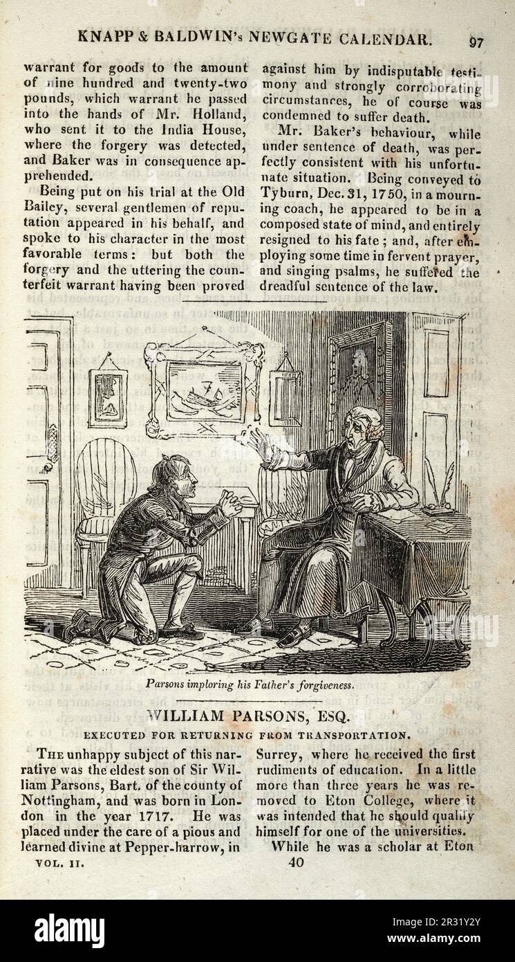 William Parsons imporing his father's forgiveness, Executed for returning from transportation, Page from the Newgate calendar, History of Crime, Vintage illustration Stock Photo