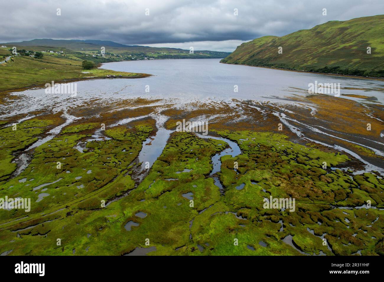 Isle of Skye: Carbost, Loch Harport, Talisker, Satran, Drynoch view, Scotland, Great Britain by drone, aerial view, scenic landscape. Càrrabost, Mingi Stock Photo