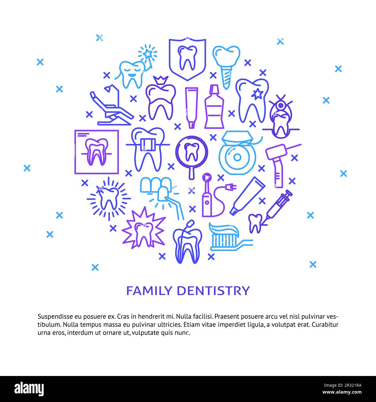 Family dentistry round concept banner in line style. Teeth care and