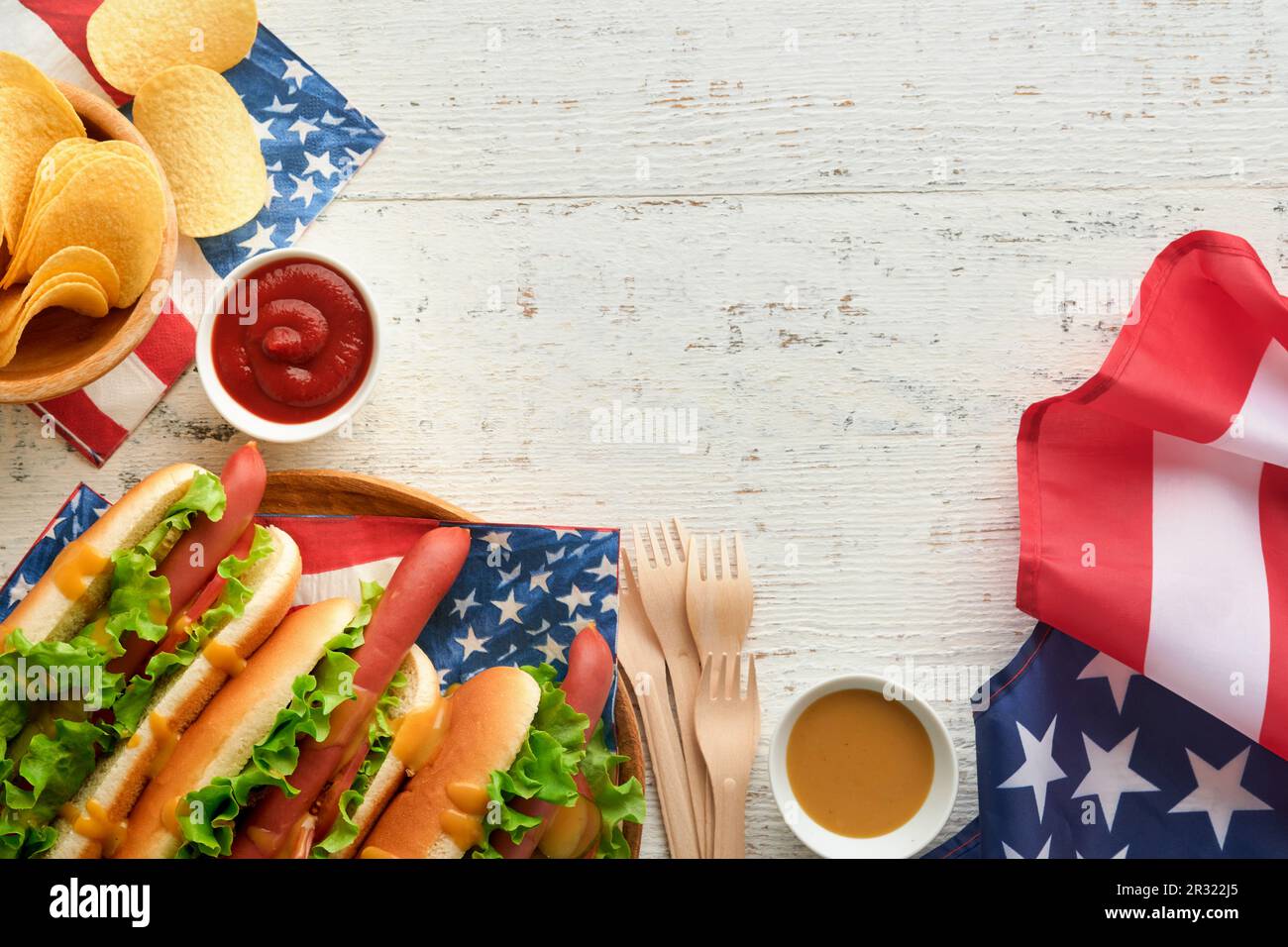 4th of July American Independence Day traditional picnic food. Hot dog