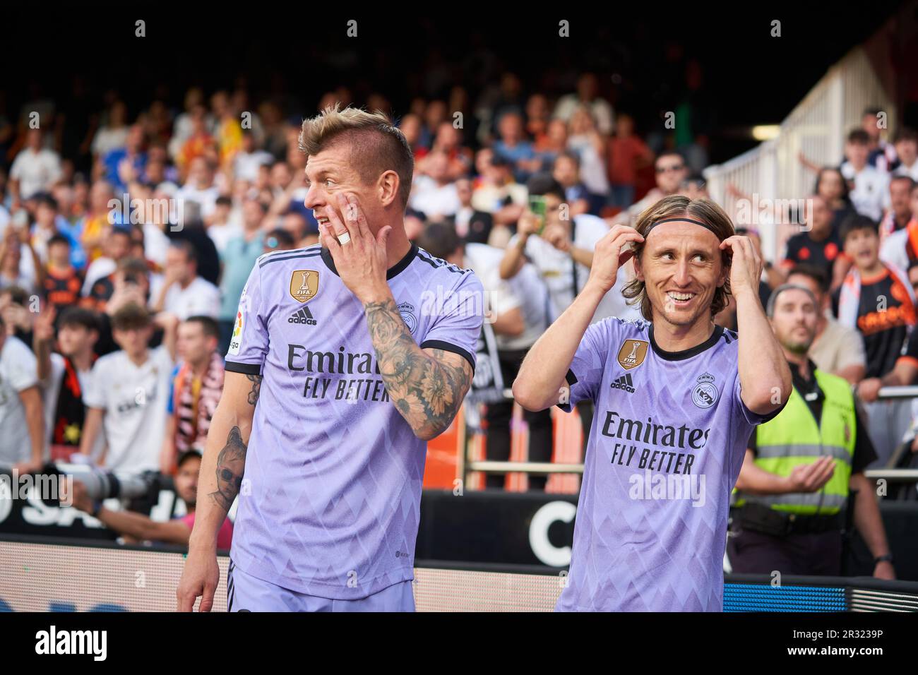 Toni Kroos of Real Madrid CF (L) and Luka Modric of Real Madrid CF (R) in action during the Headline: La Liga Santander Regular Season Round 35 on may Stock Photo