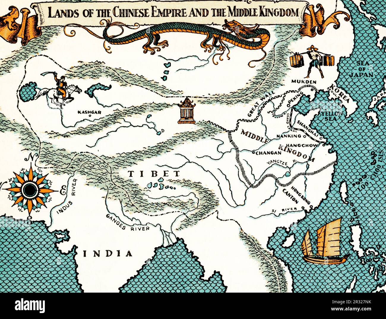 Lands of the Chinese Empire and the Middle Kingdom c1937. A map illustrating the Empire of China c14th century. Stock Photo