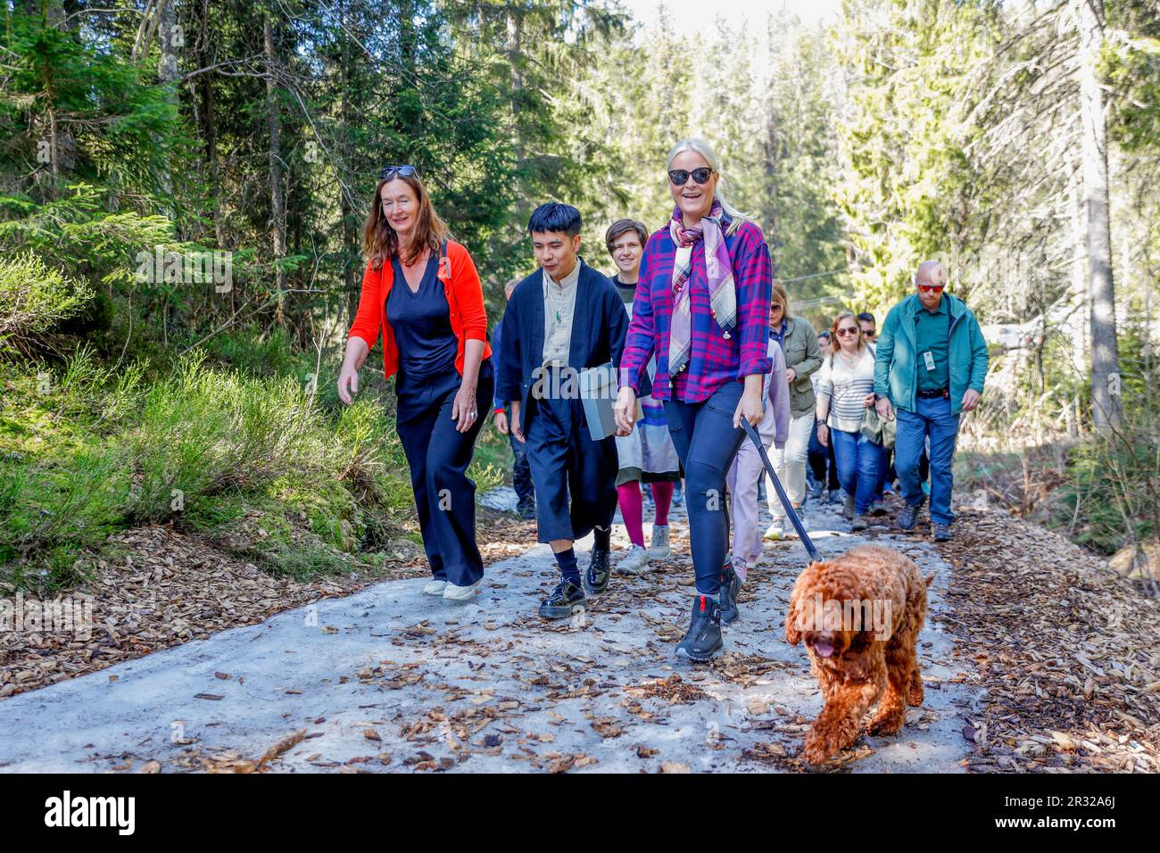 Oslo 20230521.Crown Princess Mette-Marit visits the Future Library Forest in Nordmarka together with authors Judith Schalansky and Ocean Vuong. The Crown Prince couple's dog Molly Fiskebolle is also there. The Future Library project is a public artwork that aims to collect an original work by a popular writer every year for one hundred years. The project started in 2014 and the works will remain unread and unpublished until 2114. One thousand trees were planted at the beginning of the project and will be used for printing the books.  Photo: Frederik Ringnes / NTB Stock Photo