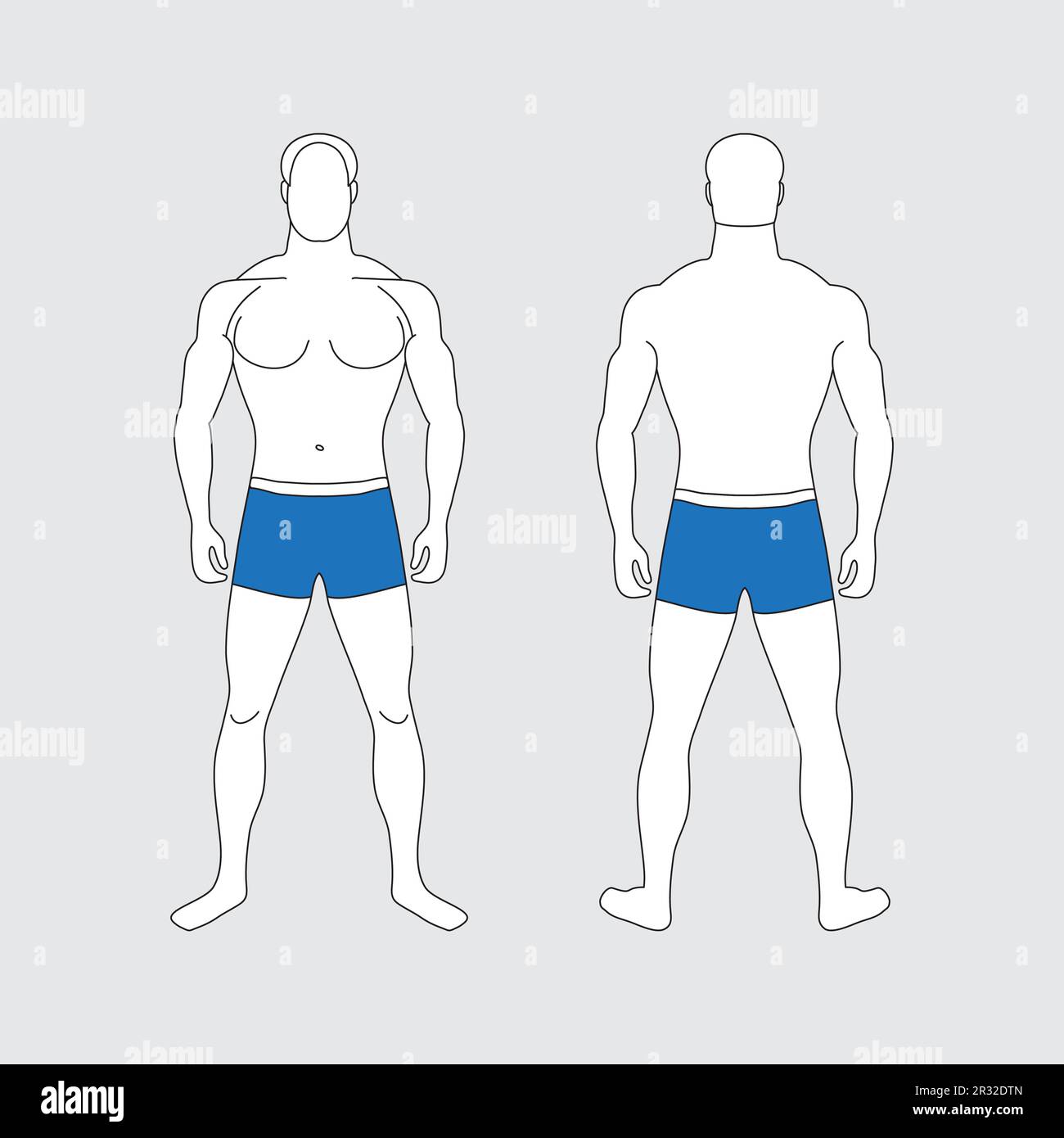 Adult muscular man in blue swimming trunks with standard male figure. Slim isolated unknown impersonal character. Front and back view. Masculine silho Stock Vector