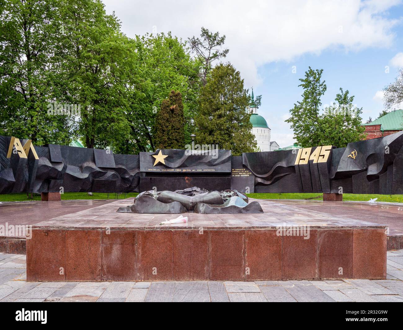 Sergiyev Posad, Russia - May 21, 2023: Eternal Flame of Memorial of Glory on Red Army Avenue military burial in Sergiev Posad town Stock Photo