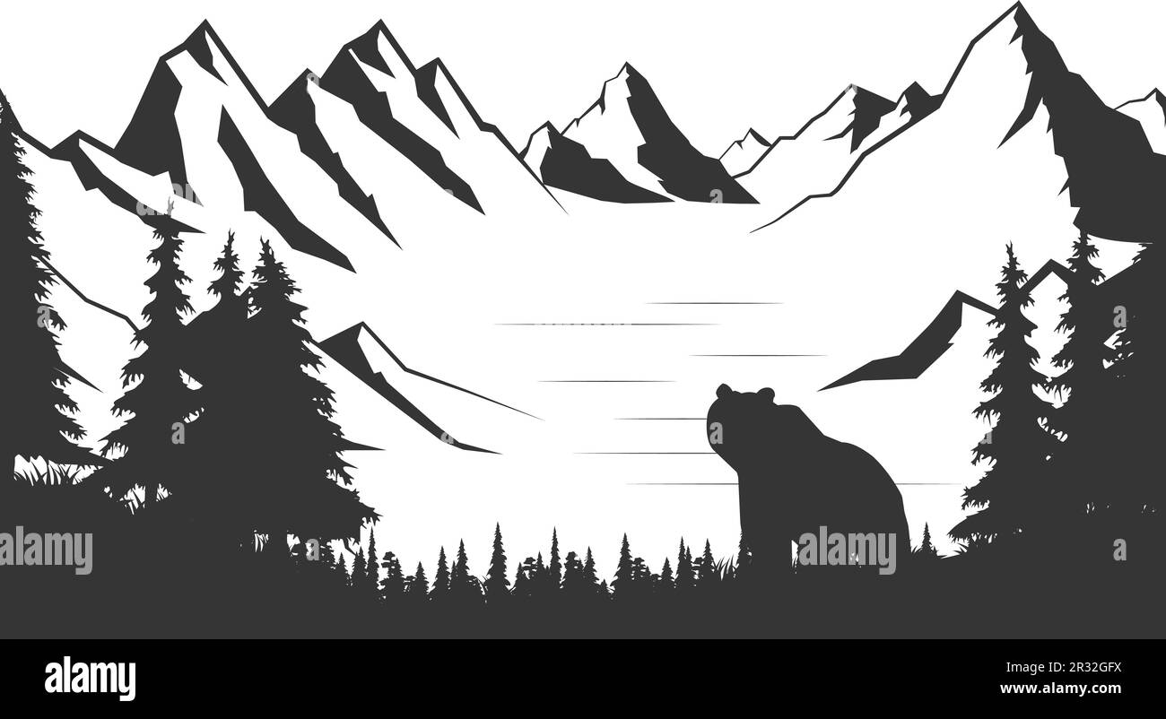 Bear in a wild breed against the backdrop of the forest and mountains. Travel, adventure, wildlife symbol. Natural open spaces. Ecology. Stock Vector