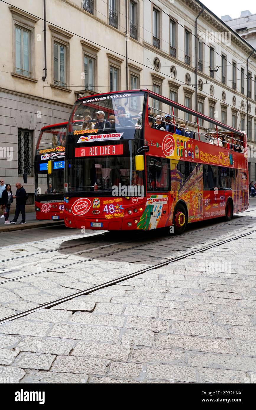 Turistic bus, Via Manzoni street, city center, Milan, Lombardy, Italy, Europe Stock Photo