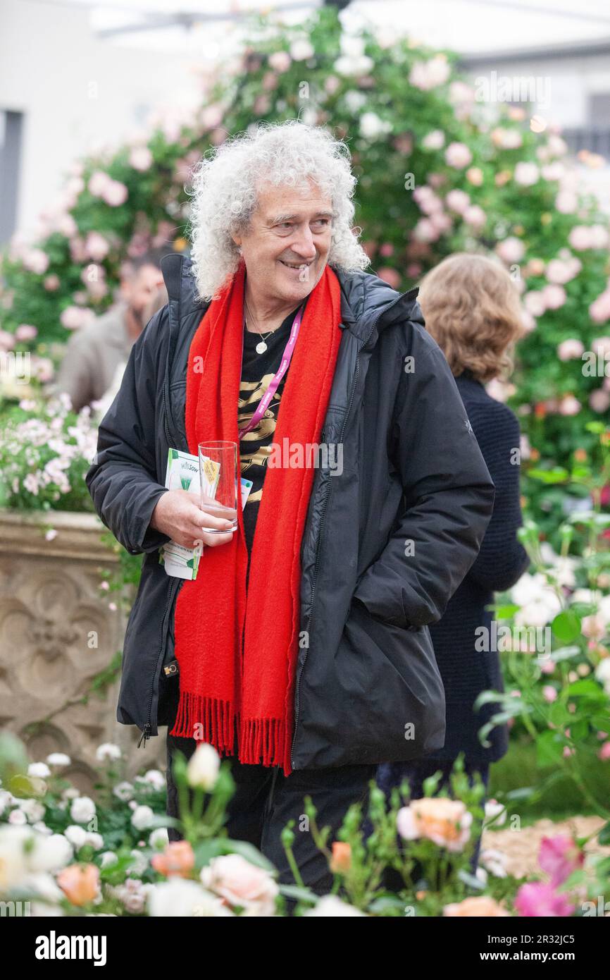 London, UK. 22nd May, 2023. Sir Brian May at the Chelsea Flower Show enjoying a display of roses. Credit: Anna Watson/Alamy Live News Stock Photo