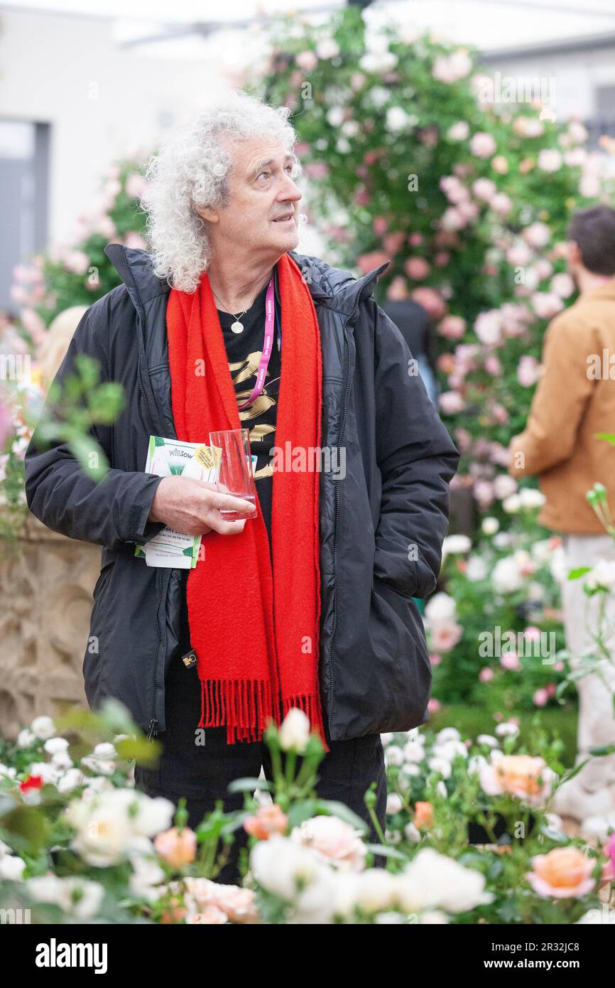 London, UK. 22nd May, 2023. Sir Brian May at the Chelsea Flower Show enjoying a display of roses. Credit: Anna Watson/Alamy Live News Stock Photo