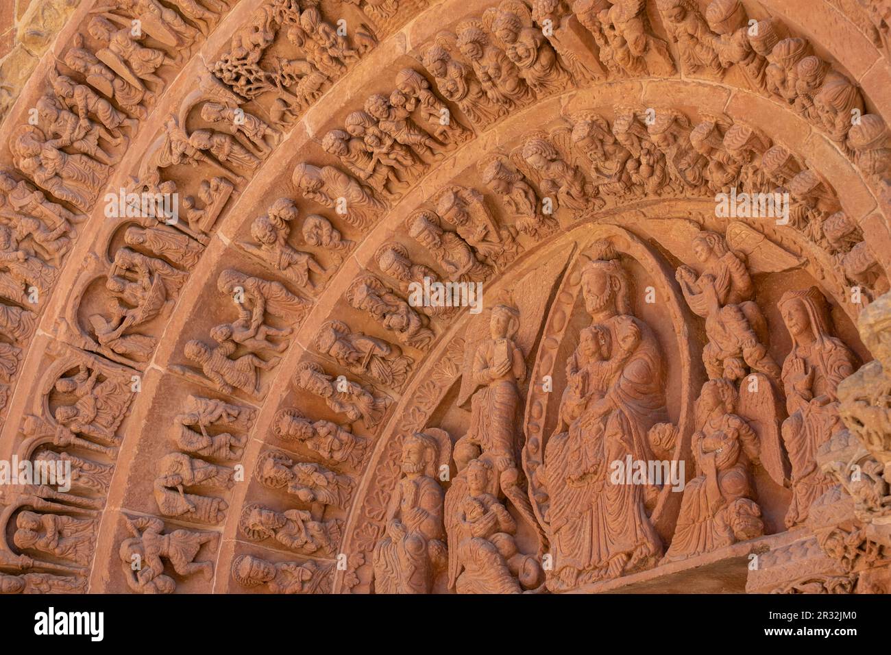 trinidad patenitas en la portada, Iglesia de Santo Domingo, Románico, siglo XII, Soria, Comunidad Autónoma de Castilla, Spain, Europe. Stock Photo