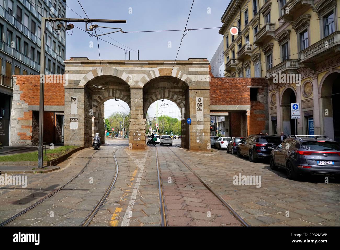 Archi di Porta Nuova gate, Via Manzoni street, Milan, Lombardy, Italy, Europe Stock Photo