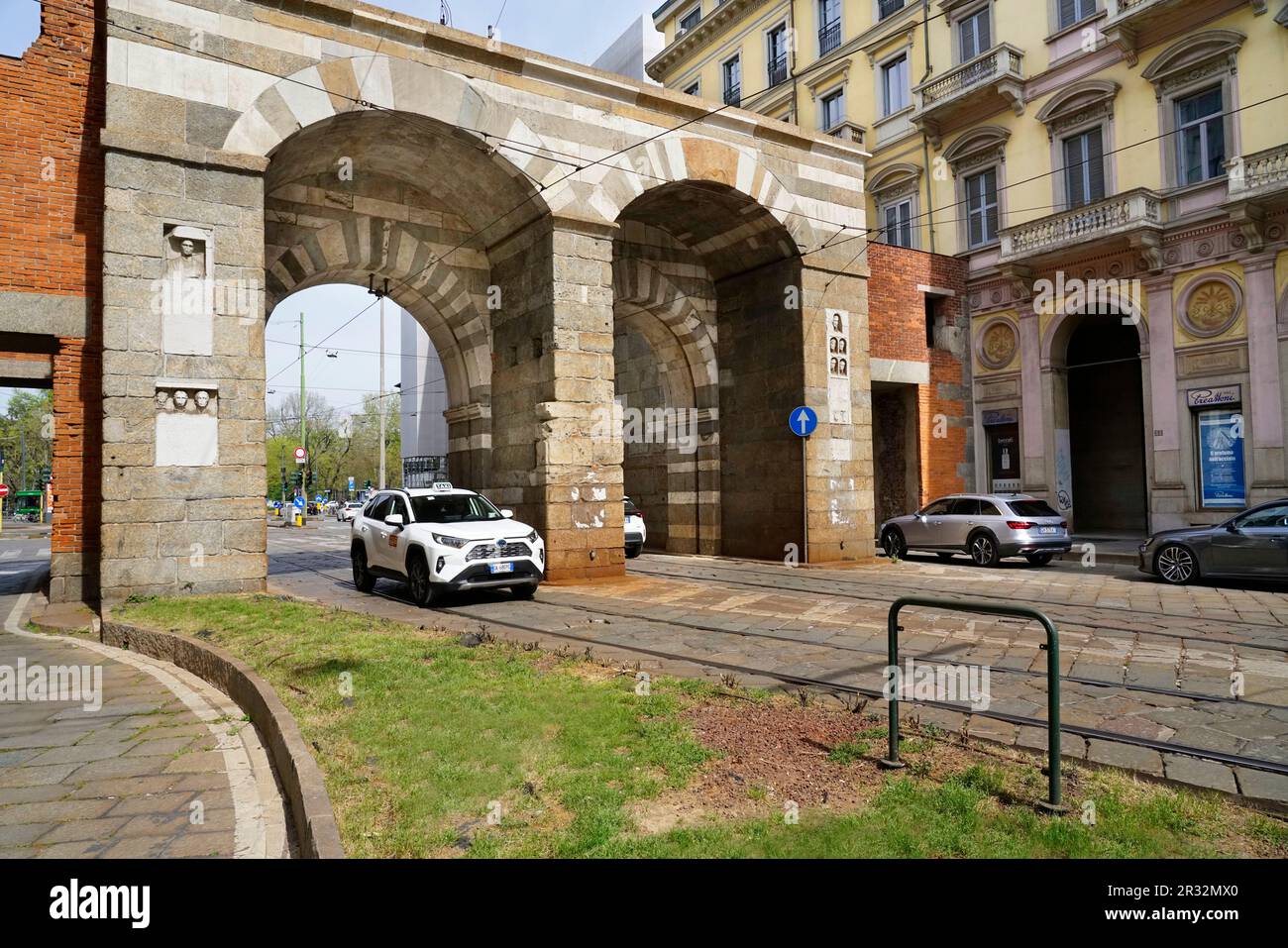 Archi di Porta Nuova gate, Via Manzoni street, Milan, Lombardy, Italy, Europe Stock Photo