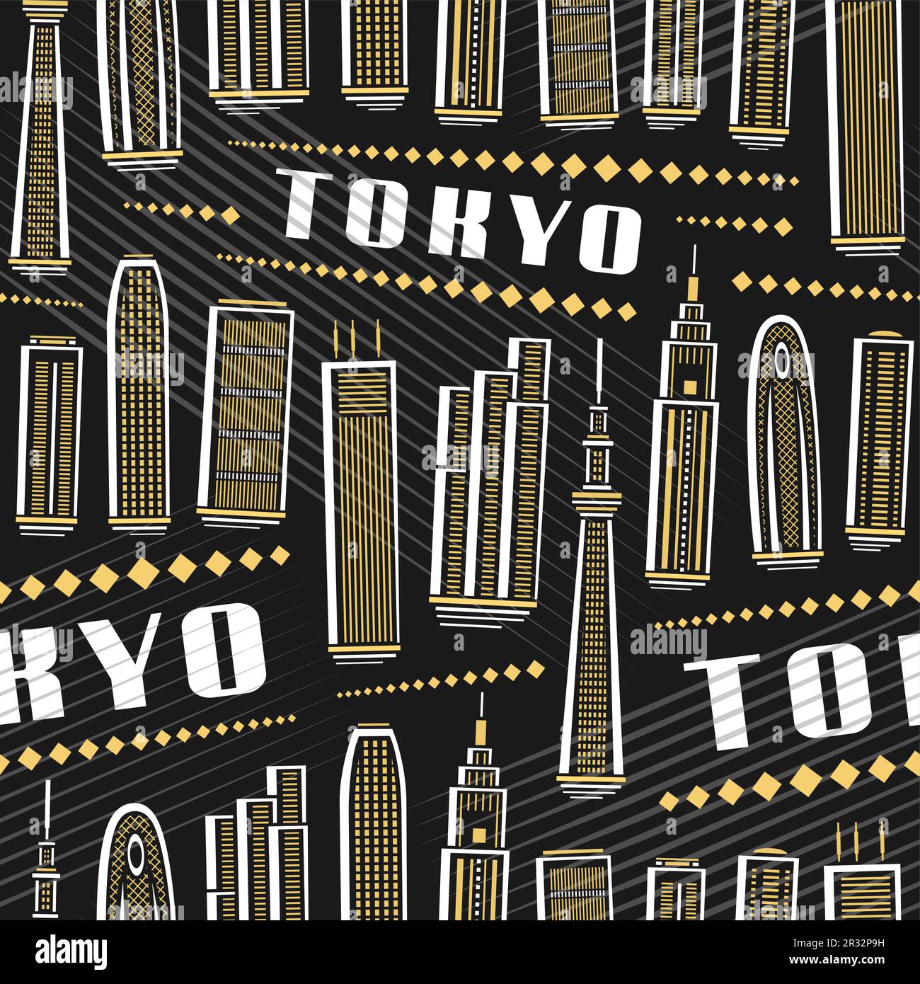 Vector Tokyo Seamless Pattern, square repeat background with illustration of famous asian tokyo city scape on dark background for wrapping paper, deco Stock Vector