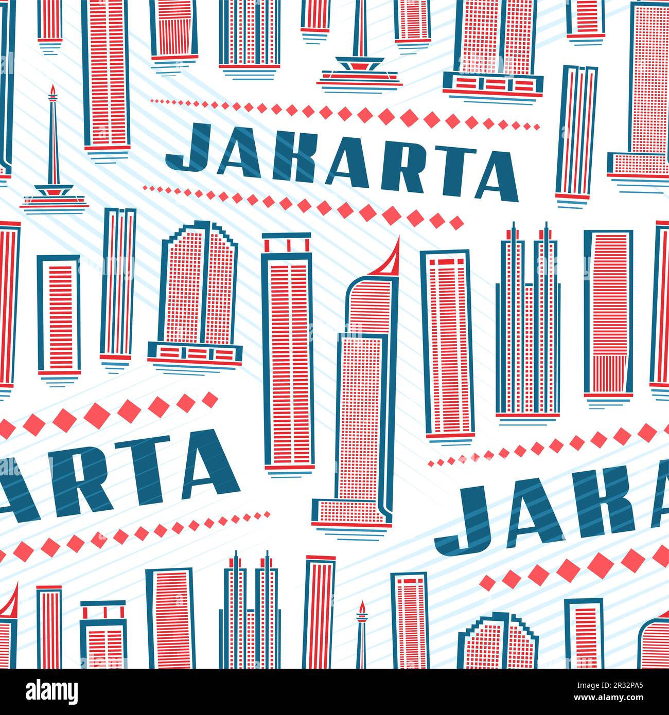 Vector Jakarta Seamless Pattern, square repeat background with illustration of famous jakarta city scape on white background for wrapping paper, decor Stock Vector